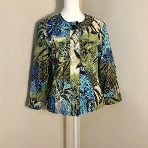 Chico's Jacket Button Down Blazer Artistic Blue Leaf Sequin Round Neck Petite S